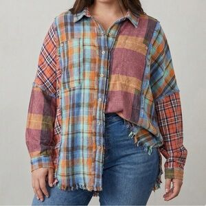 Oli & Hali Oversized Plaid Grunge Shirt Sz XL Boho Patchwork Tunic Button Up EUC